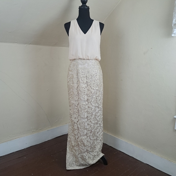 Aidan Mattox Long Formal Chiffon Lace Evening Dress Beige Size 2 - Picture 2 of 13